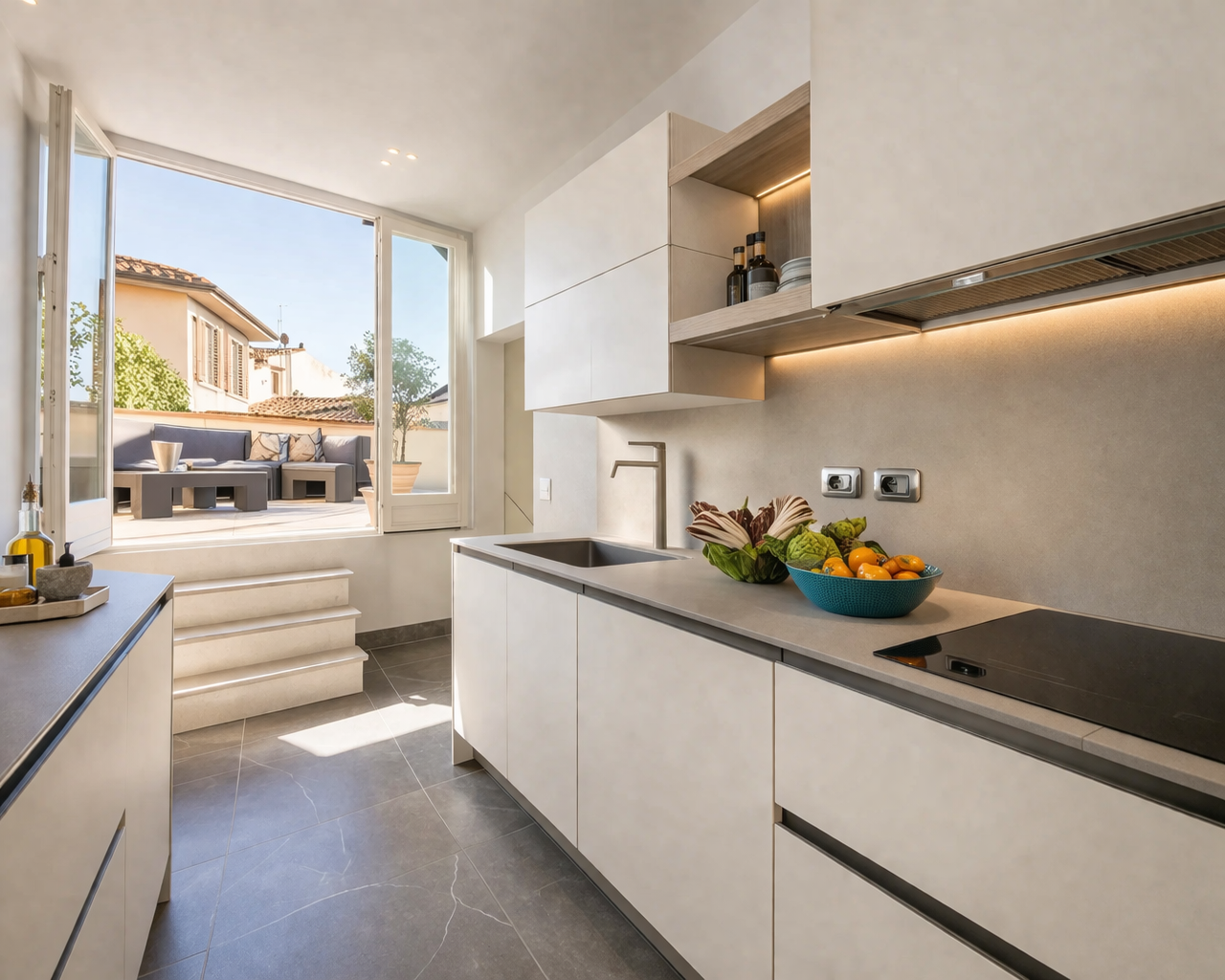 Minimal kitchen opening directly onto the terrace with lounge seating outside